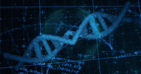 Twisting dna helix floating over digital grid with holographic globe and data readouts