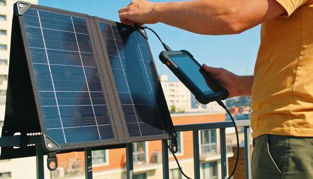 Man attaching portable folding solar panel on balcony while holding rugged tablet