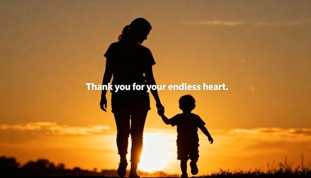 Parent and toddler walking hand in hand at sunset silhouette conveying heartfelt gratitude