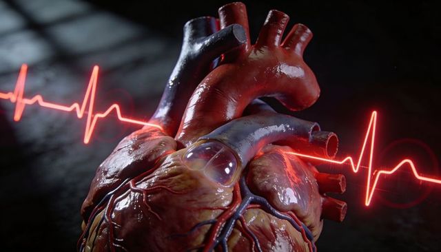 Displaying realistic 3d heart with neon ecg highlighting glossy myocardium and vessels