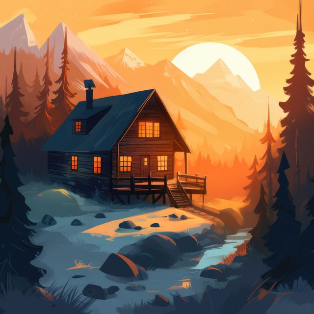 Wooden log cabin with lit windows in mountains at sunset, created using generative ai technology. Nature, vacation and scenic landscape concept digitally generated image.