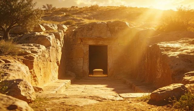 Golden sunlit rock-cut tomb entrance with ancient stone chest on sandstone slope at sunset