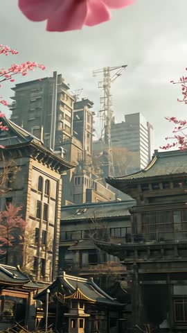 Vertical video drifting cherry blossom petal crossing temple rooftops and modern skyline