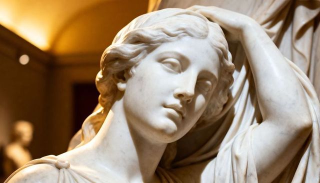Marble greco-roman bust close-up with dramatic spotlights, flowing drapery, elegant pose