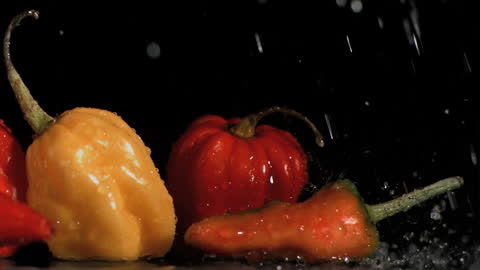 Colorful Hot Peppers in Rain Against Dark Background
