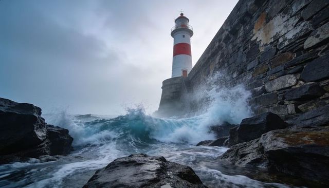 Crashing waves hitting red-and-white lighthouse on rugged breakwater, stormy coastline