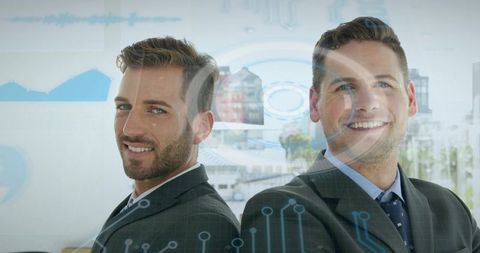 Business partners standing back-to-back smiling with futuristic digital hud and city view
