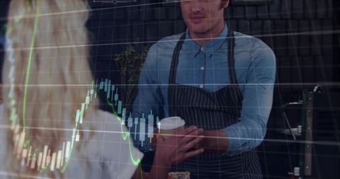 Barista handing takeaway coffee to customer with candlestick stock market chart overlay