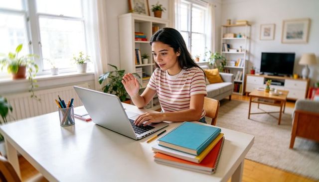 Young woman video calling from bright living room workspace with laptop, notebooks, plants