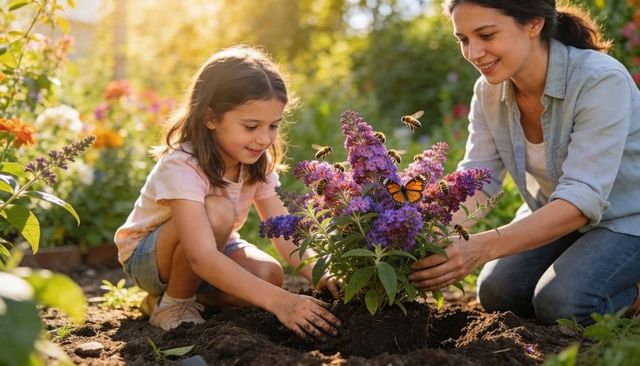 Mother daughter planting purple shrub with monarch butterfly and bees in sunny backyard