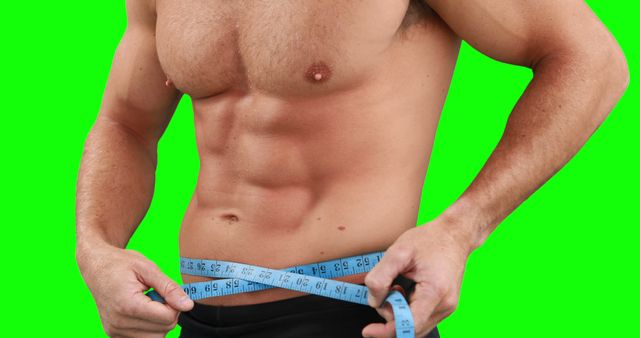 Image depicts a shirtless, muscular man measuring his waist with a blue measuring tape. Useful for fitness promotions, body transformation stories, health-related content, bodybuilding blogs, and sports training material.
