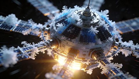 Frosted orbital research module with solar arrays and engine glow in deep space