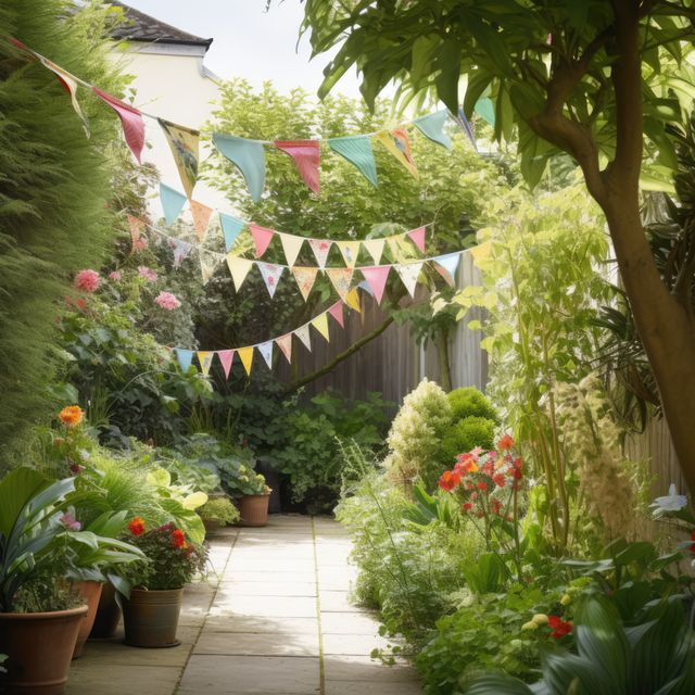 A garden decorated with brightly colored party bunting amidst lush green foliage and vibrant flowers creates a festive atmosphere. Can be used for websites and content about gardening, summer parties, outdoor celebrations, event planning, and backyard decor ideas.