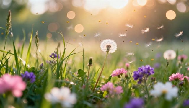 Sunlit dandelion seeds drifting over wildflower meadow at golden hour