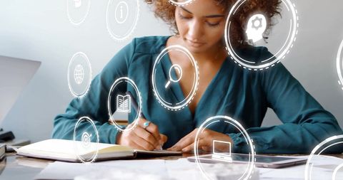 Businesswoman Writing Amidst Digital Interface Holograms - Download Free Stock Images Pikwizard.com