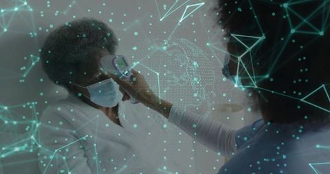 Checking senior patient with contactless thermometer by nurse with teal digital overlay