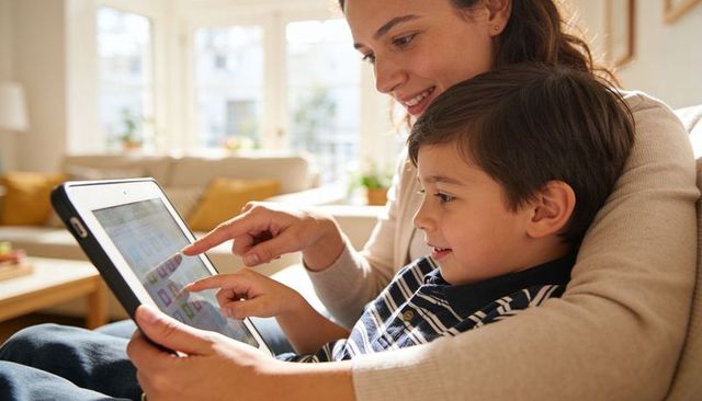 Mother and Son Learning Together on Tablet in Cozy Living Room, Digital Learning Moment
