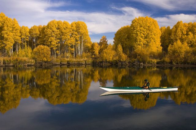 Person enjoying kayaking on a tranquil lake surrounded by vibrant fall colors and reflections of trees in water. Ideal for use in advertisements, travel blogs, nature-related articles, outdoor activity promotions, and posters. Highlights the beauty of autumn and the joy of outdoor exploration.