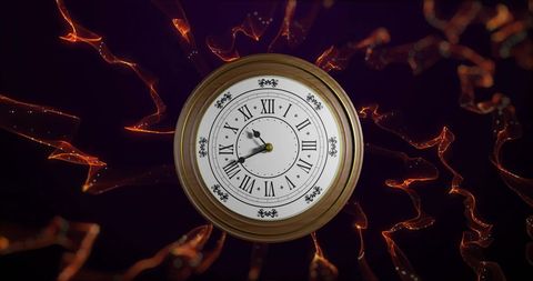 Antique clock floating amidst fiery light trails