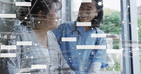 Nurse supporting patient with digital health data overlay telemedicine concept