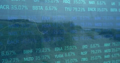 Coastal dune with stock ticker overlay blending nature and financial data for climate risk