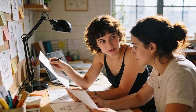 Two Women Creatives Reviewing Sketches at Sunlit Studio Desk Collaborating on Illustration