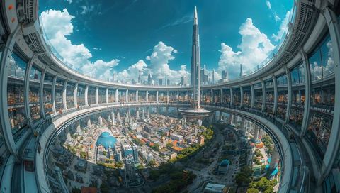 Circular Observation Ring Framing Futuristic Downtown with Tower Spire and Blue Dome