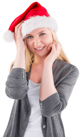 Cheerful Blonde Woman in Santa Hat on Transparent Background