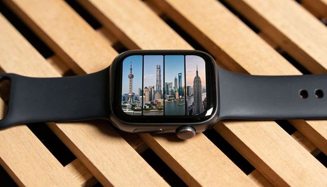 Smartwatch display showing shanghai skyline reflection on black silicone strap
