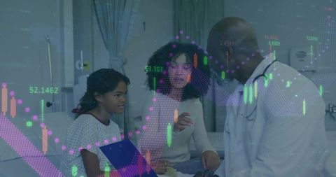 Doctor consults young patient amid digital financial forecast