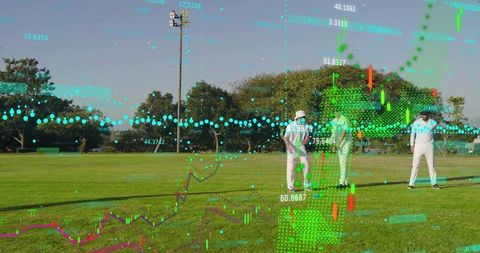 Cricket players strategizing on sunlit field with futuristic data overlay