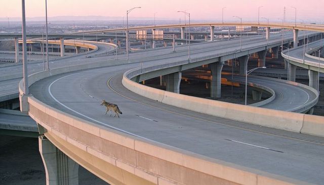 Lone coyote crossing empty multi-level highway interchange at sunrise urban overpass solitude