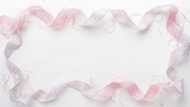Delicate pink and silver glitter ribbon frame creating festive flat lay background for greeting