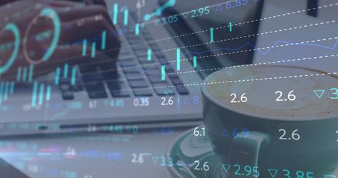 Financial data analytics with laptop and coffee