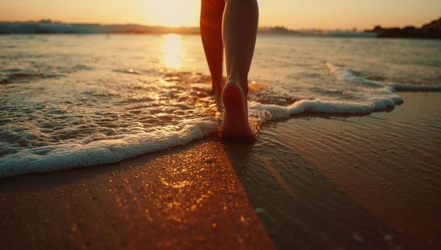 Minimalist beach walk at sunset with seafoam