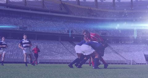 Intense Rugby Match in Stadium with Sunflare Effect