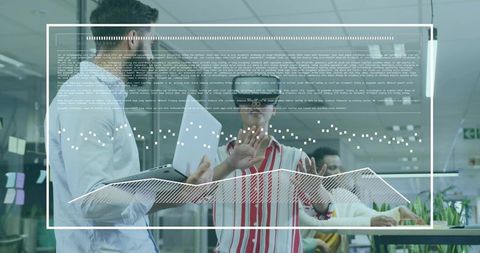 Man with ar headset engaging with virtual interface in futuristic office