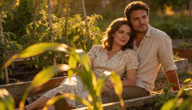 Couple relaxing on raised garden beds at golden hour, romantic vegetable garden moment