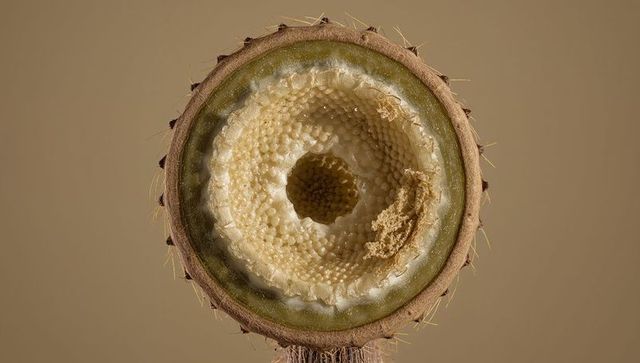 Macro cross section of spiny plant stem revealing concentric honeycomb pith and trichomes