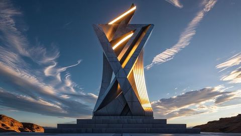 Glowing abstract stone monument at sunset on desert plateau