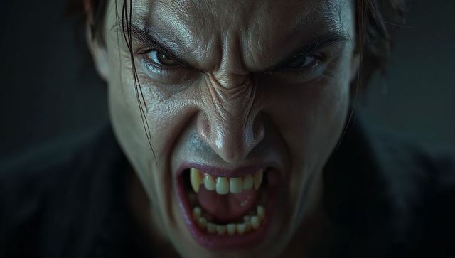 Screaming male vampire showing elongated canines and saliva closeup dark moody portrait