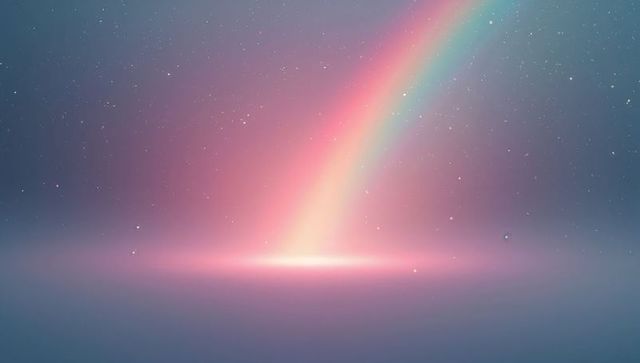 Ethereal pastel rainbow beam descending into luminous mist over glowing horizon