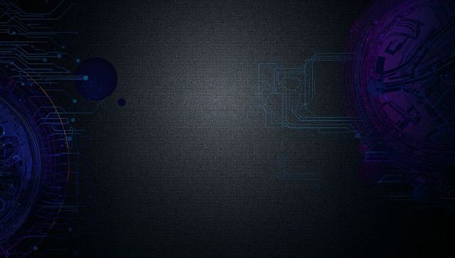 Dark tech mesh background with neon blue purple circuit rings and subtle center glow