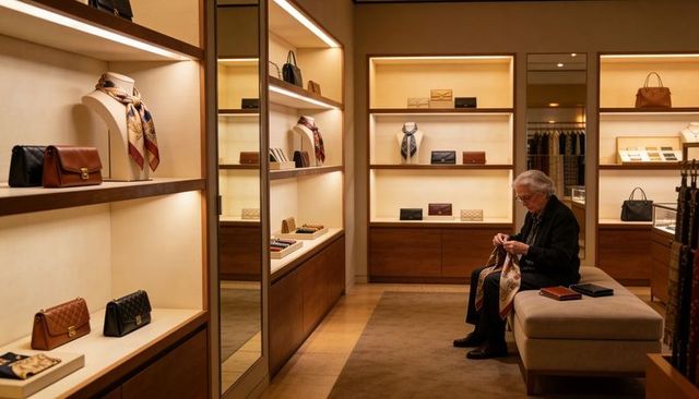 Senior woman examining silk scarf in luxury boutique among leather handbags and displays
