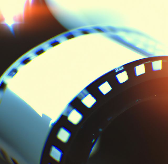 Closeup of a retro film reel with light effects creating a nostalgic and artistic mood. Perfect for uses in photography, cinematography content, vintage-themed projects, brochures on classical film equipment, or artistic displays emphasizing analog media.