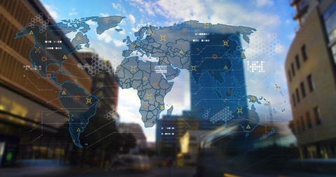 Global digital network over cityscape