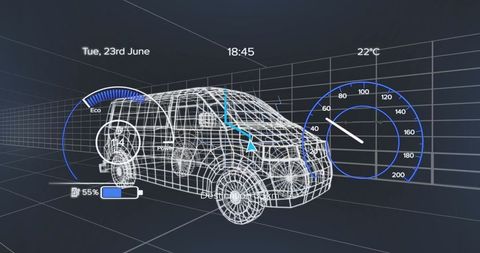 Futuristic 3d wireframe van with digital dashboard interface