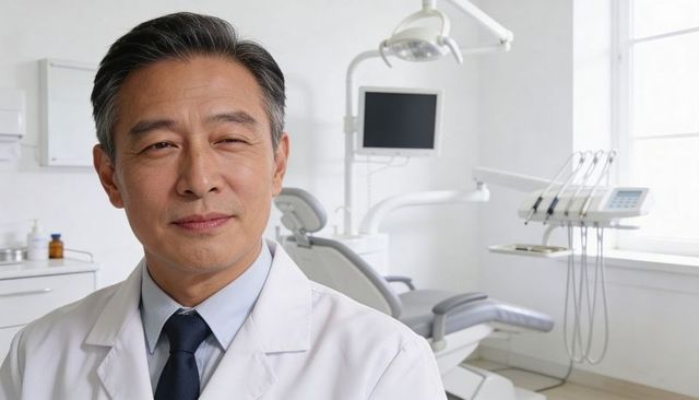 Confident dentist standing in modern dental clinic, smiling professional in white coat
