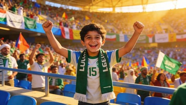 Young fan cheering in sunlit stadium wearing green number 15 jersey and scarf celebrating