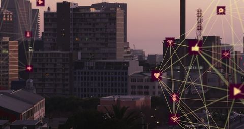 Global Networking Icons over Cityscape Highlighting Technology Growth